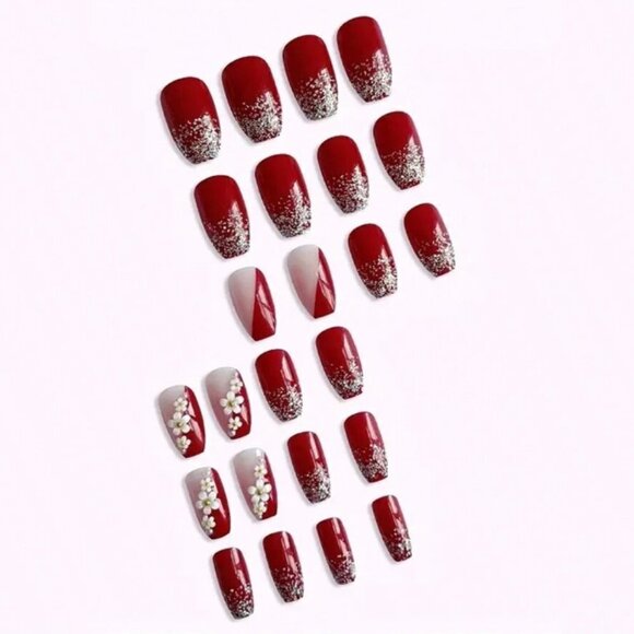 White Camelia Red and Pinkish White Short Coffin Press On Nails 24 Pieces - Picture 2 of 4
